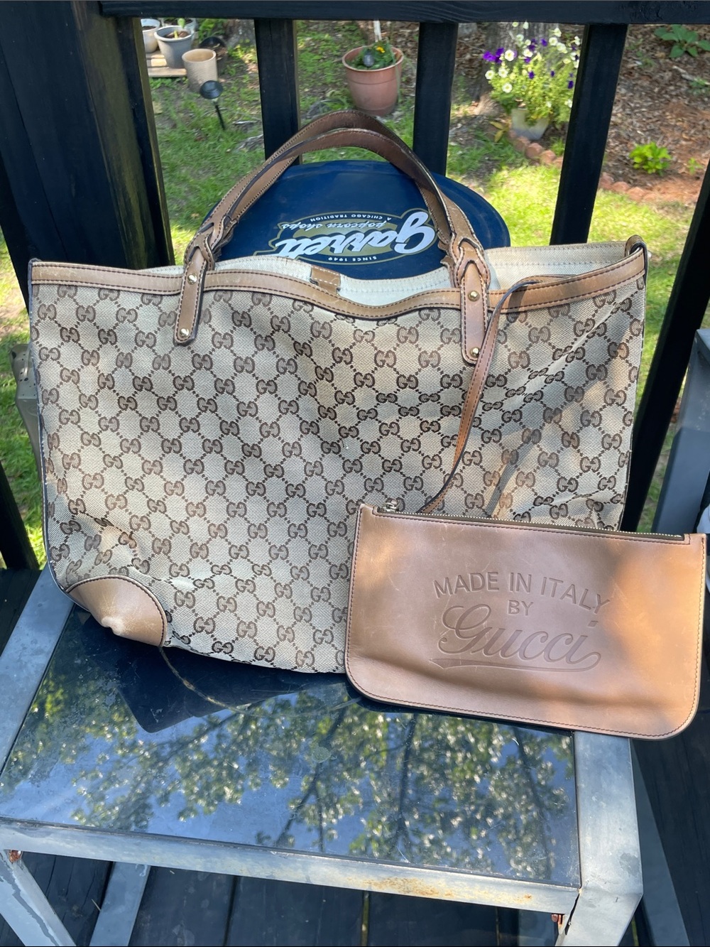 Gucci Beige GG Canvas Tote with Brown Leather Pouch